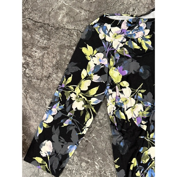 J Jill Wearever Womens Floral Boat Neck 3/4 Sleeve Top Stretchy Black Sz M - Picture 5 of 9
